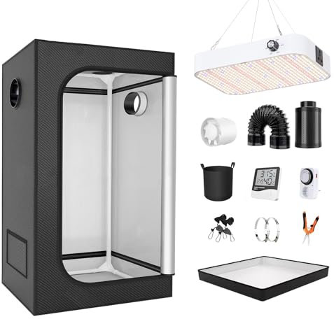 Kit completo de tienda de cultivo de 150 x 150 x 200 cm con luces LED regulables de 200 W, luz blanca de espectro completo, ideal para jardinería interior