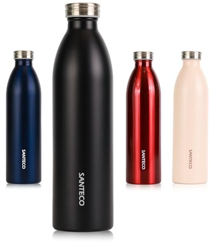SANTECO Edelstahl Trinkflasche 1L, 100% dicht Thermosflasche 12 h heiß / 24 h kalt, absolut dicht für Schule, Büro, Sport, Outdoor