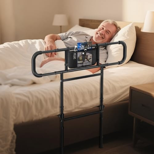 FORTEMOTUS Barandillas de Cama Adultos, Abatible en Altura Laterales Plegables con Bolsa y asa de Seguridad para levantarse de la Cama para Personas Mayores (Grosor del Colchón: 25-40 cm)