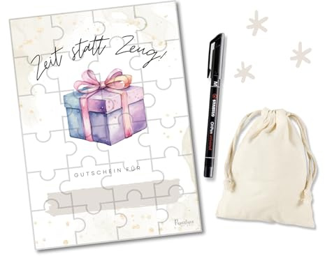 Gutschein Puzzle Geburtstagskarte Geschenk, Personalisierbarer Geschenkgutschein zum selberausfüllen mit Stift und Säckchen, Zeit statt Zeug für Männer Frauen zum Jahrestag Hochzeitstag Weihnachten