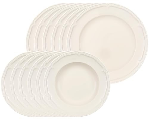 Villeroy & Boch Manoir Tafelservice 12-teilig, Speiseteller (27 cm) und Suppenteller (23 cm) für 6 Personen, Klassisches Geschirr-Set mit Relief, Premium Porzellan, Weiß