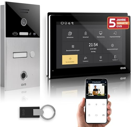 GVS - IP Video Türsprechanlage mit Türöffner, Fingerprint & RFID, HD Kamera, 2X 10 Zoll Monitor & App - Smarte Video Türklingel mit Kamera & Gegensprechanlage für 1 Familienhaus (AVS5529U)