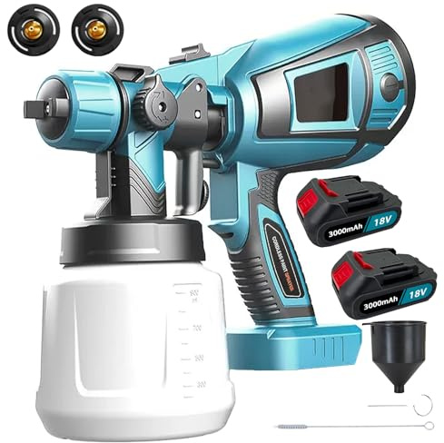 Sistema a spruzzo a batteria con 2 batterie da 3,0 Ah, pistola a spruzzo elettrica con contenitore da 1000 ml, portata regolabile con 3 ugelli (1,0/1,8/2,5 mm) per mobili/interni ed esterni
