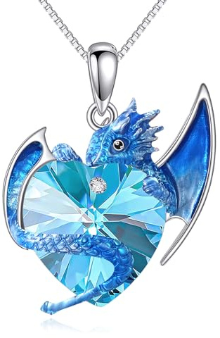 AINFQY Drachen Kette Sterling Silber Lila Wyvern Halskette Drachen Anhänger Herz Kristall Schmuck Geschenk für Damen Herren (03-Marsch)