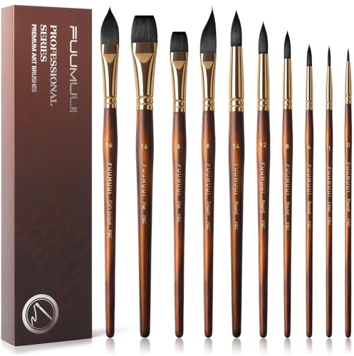 Watercolor Brushes Professional, Fuumuui 10Pcs Synthetic Squirrel Hair Water Color Paint Brush Set for Artists - Flat, Round Pointed, Dagger, Cats Tongue Oval Wash for Watercolor Gouache Inks Painting