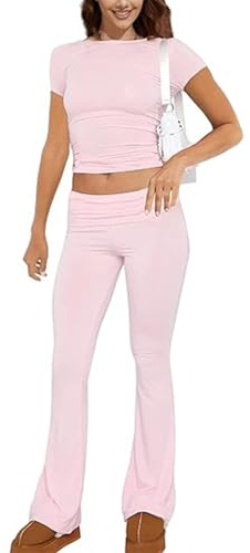 ABINGOO Tuta da Donna Casual 2 Pezzi a Maniche Lunghe Aderente Crop Top Svasati a Vita Bassa Pantaloni Lounge Set Yoga Tuta(Z-Rosa,M)