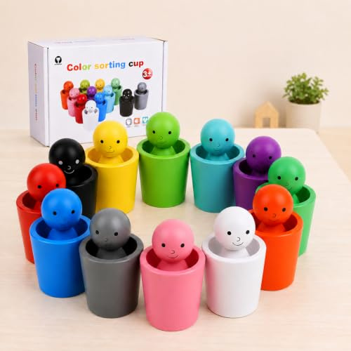Azazaza Wooden Color-Sorting Cups & Peg Dolls for Matching and Recognition, Preschool Learning Montessori Toys for Toddlers