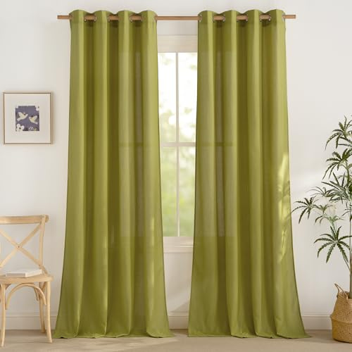 PONY DANCE Leinen Vorhang Wohnzimmer Gardinen Halbtransparent Landhaus | Grünliches Gelb,2er Set,H245 x B140 cm,Boho Gardinen Leinenoptik mit Ösen,Leinenvorhang Vintage Schlafzimmer,Linen Curtains