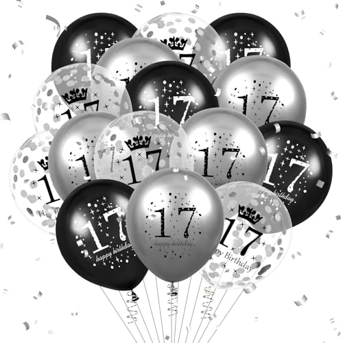 Luftballon 17. Geburtstag Deko 15 Stück Schwarz Silber Ballons - 17 Jahre Geburtstagsdeko Birthday Deko Latex Konfetti Ballon für Jungen Mädchen Kinder 17. Jubiläum Party Dekoration 12Zoll