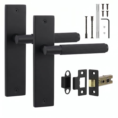 Decoranddecor Hera Matt Black Door Handles Internal with Latch Kit | Tubular Latch Included, 64mm Fire Rated, No Key Needed, Interior Door Handles, 200x45mm Plate, Fixings