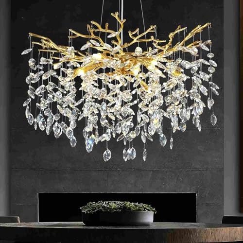PIOUTNF Modern K9 Kristall Kronleuchter, Esstisch Pendelleuchte, Kücheninsel Hängeleuchte, Zweig Hängeleuchte Höhenverstellbar für Esszimmer, Wohnzimmer, Hohe Decken, Kücheninsel, Foyer, Gold