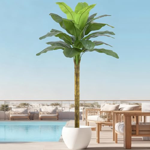 Fsslower Artificial Banana Tree 8FT with 18 Leaves Realistic Tall Large Fake Faux Tropical Plant 96 Inch Black Pot Cover with Coconut Fiber for Indoor Home Office Corner Poolside Porch Store Decor