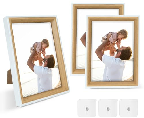 FALSKT 3 Piezas Marcos de Fotos pequeños 10x15cm Marco Madera con Acrílico | MDF Marco Fotos Portaretratos para Fotos para Título Universitario Poster Puzzle,Veta de Madera Blanca,3PCS Ganchos Adhesivos