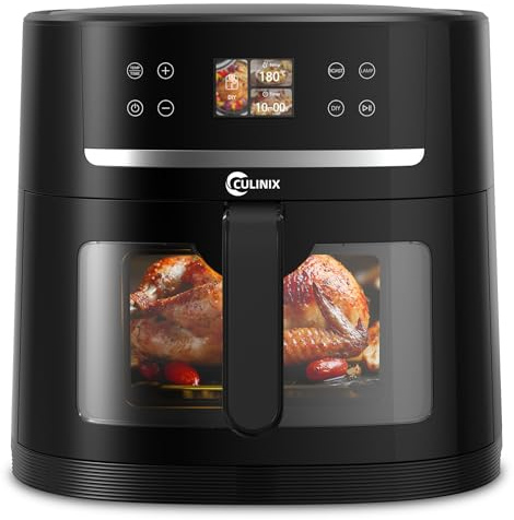 CULINIX Heißluftfritteuse 8L mit KI-Kamera, 12-in-1, TFT, Sichtfenster | KI-Lebensmittelerkennung wählt Rezept & Zeit automatisch, Shake Reminder, 1800W, 30-200°C, spülmaschinenfest, für Familien