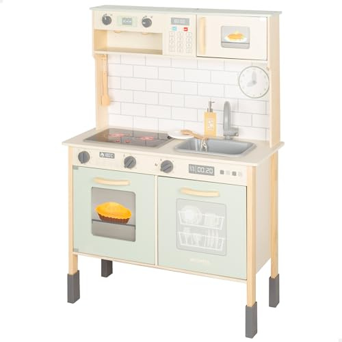 WOOMAX Cocina de Madera eléctrica, con luz y Sonido, Horno, Microondas, Fregadero, Armario y Accesorios, Cocinita de 70x30x100 cm, Juego simbólico e imaginación, Niños Desde 3 años (39073)