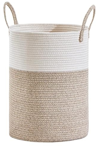 Large Laundry Basket, Soft Rope Laundry Basket with Handle Tall Woven Rope Storage Baskets,Toy Storage for Kids, Rope Basket for Living Room, Nursery, Bedroom - 40L - Khaki+White - 35.5x40.5cm