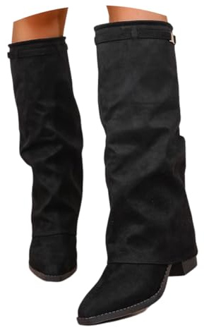 ticticlily Bottes Hautes Femme Talon Botte Longue Hiver Bottines Bout Pointu Fold Over Boots B Noir 39 EU
