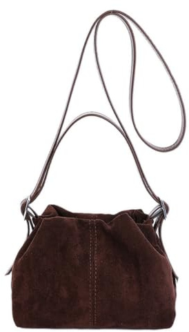 FJZFXKZL Wildleder Tragetasche Damen, schokoladenbraune Handtasche, Schultertasche, Vintage-Beuteltasche mit Kordelzug