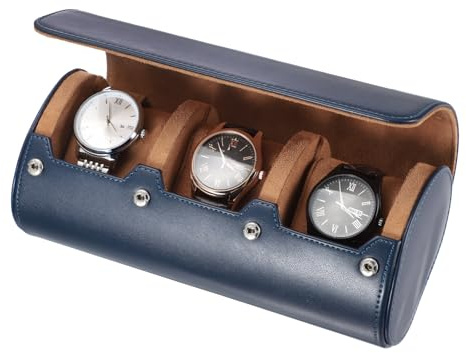 QUARKZMAN Estuche De Viaje Para Relojes Para Hombres 3 Ranuras (Azul) | Estuche De Viaje En Rollo De Cuero, Caja De Almacenamiento Portátil Para Relojes, Para Navidad Cumpleaños Y Aniversario