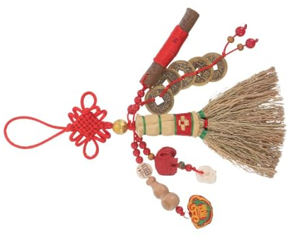 Hohopeti Colgante de Escoba Suerte China para de Ñiño, Mini Escoba Nudo y Monedas de Feng Shui, Amuleto Colgante Protector para Recién Nacidos, Decoración Tradicional para Ambiente de Sueño