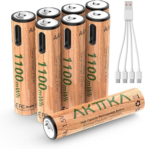 AKTTKA Paquete de 8 Pilas AAA de Litio Recargables, 1100 mWh, 1,5 V de Voltaje Constante, con Cable de Carga USB C de 1 a 4 para mandos a Distancia, termómetro, básculas