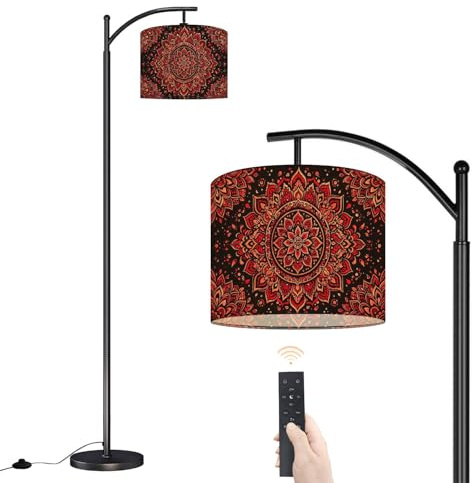DERUINVAIO Arc Floor Lamp Mandala Floral Ornament Red Gold Black Dimmable Modern Standing Lamp with Remote Adjustable Drum Shade Footswitch Tall Pole Lamp for Living Room Bedroom
