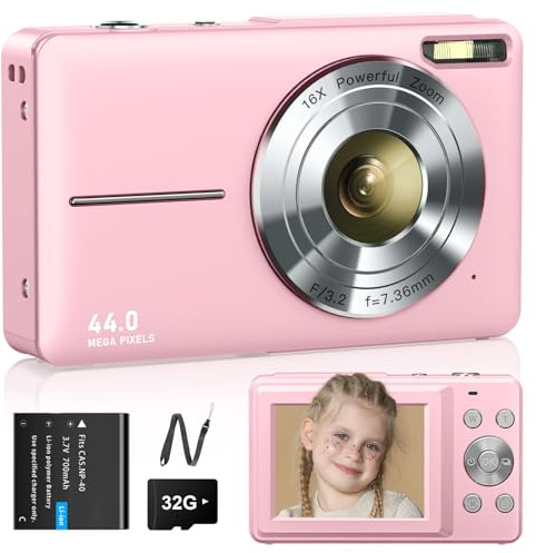 Cámara de fotos digital 1080P 44MP cámara fotográfica con tarjeta de 32G y 1 batería 16X zoom digital cámara digital para niños jóvenes estudiantes principiantes rosa