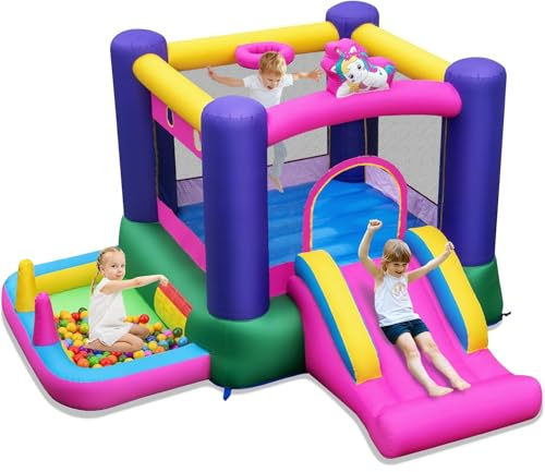 GYMAX Kids Bouncy Castle, Inflatable Jumping House with Slide, Ball Pit Area and Basketball Hoop, Children Bounce Playhouse for Outdoor Indoor (Unicorn without Blower) | , Ball Pit Area and Basketball Hoop, Children Bounce Playhouse for Outdoor Indoor (Unicorn without Blower)