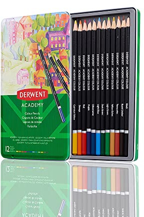 Derwent Academy Färgpennor, Set Med 12 Pennor i En Ask, Hög Kvalitet Och Lätt Att Blanda Färgerna, Perfekt För Att Färglägga, Professionell Kvalitet, Perfekt För Teckningar, 2301937