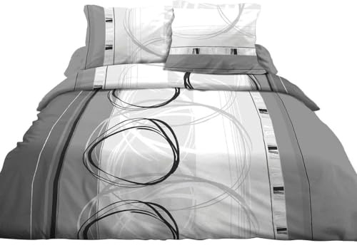 Le linge de Jules Parure Drap Plat + Drap-Housse 140x190 + 2 T - Pur Coton 57 Fils - Roue L Gris