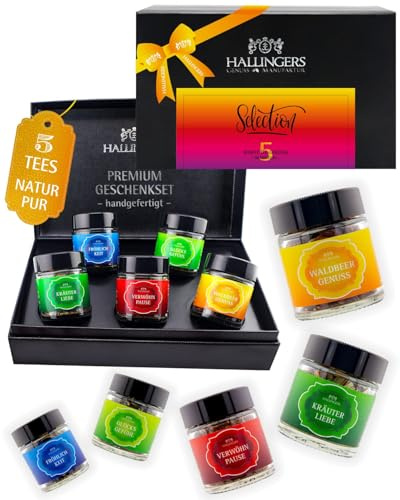 Hallingers Genuss Manufaktur Tee Geschenk-Set - 5 Sorten premium loser Tee Probierset in edler Geschenkbox mit Rezept-Booklet Selection, Geschenkidee für Frauen Männer