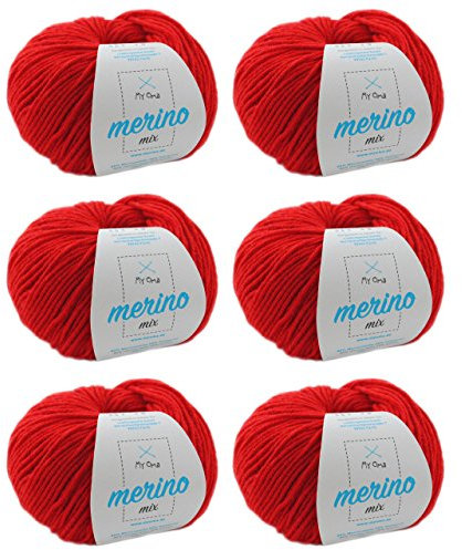 MyOma Merinowolle Stricken - Hagebutte (Fb 532) - 6 Knäuel Rote Wolle zum Häkeln - Garn Merino + GRATIS Label - 50g/120m - Weiche Mischwolle