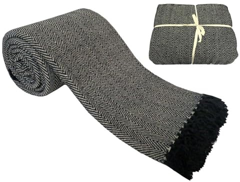 Luxus Pure 100% Baumwolle Herringbone Super gewebte weiche Sofa Bett Überwurf Decke Tagesdecke Sofa Bezug mit Fransen Einfassung, schwarz, Large 70x100