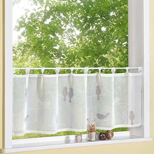 heimtexland ® Scheibengardine Natur Batist mit Schlaufen 45 x 140 cm gewebt mit süßen Vögeln in braun Bistrogardine halbtransparent Modern Landhaus Gardine Vogel Typ568