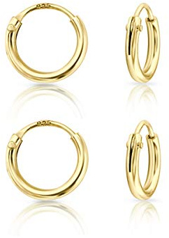 Set 2 Paare Creolen Ohrringe Damen & Herren 925 Sterling Silber, 24K Vergoldet – Kleine Creolen Hypoallergen für Ohrläppchen, Helix, Tragus & Knorpel - Dicke 1.2 mm - Durchmesser 8 mm