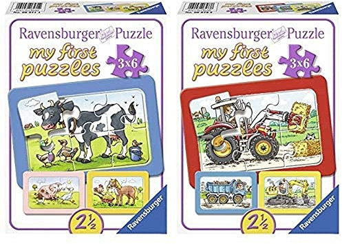 Ravensburger 06571 Gute Tierfreunde, my first puzzles 3 x 6 cm & Kinderpuzzle Bagger, Traktor und Kipplader - 06573 / 3 Rahmenpuzzles jeweils 6-teilig mit Fahrzeugen - für Kinder ab 2,5 Jahre
