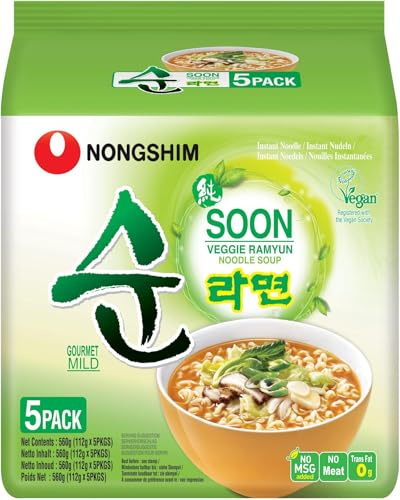 Nong Shim NONGSHIM - Instant Nudeln Soon Veggie - (5 X 112 GR) | Vegetarische Instantnudeln mit Pak Choi und Karotten - milde Gemüsebrühe, schnelle Zubereitung in 4,5 Minuten, vegan & halal
