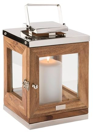 Fink Laterne 25 cm aus Akazienholz - braunes Glas-Windlicht und Kerzenhalter für Stumpenkerzen als dekorative Wohndekoration für Tisch, Regal und Fensterbank