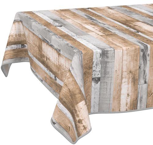 Wachstuch Tischdecke Holzoptik Braun Grau Rechteckig mit Einfassung – abwaschbar & pflegeleicht – Outdoor & Indoor Tischdecke rustikal – PVC Tischtuch für Garten & Küche 100 x 140 cm (Rechteckig)