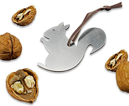 Cascanueces de acero inoxidable auténtico, forma de ardilla, incluye correa de cuero, 6,5 x 6,5 cm, envuelto en celofán, ideal como colgante o regalo pequeño