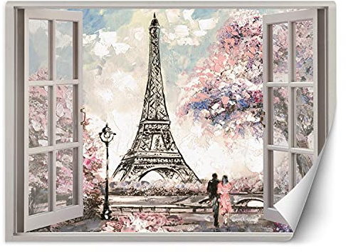 Feeby Photo Murale Intisse Vue De La Fenêtre Illusion 3D 210x150 cm rose Colle Inclus Salon Chambre A Enfant Coucherr Bureau Salle Cuisine Paris Printemps Aquarelle