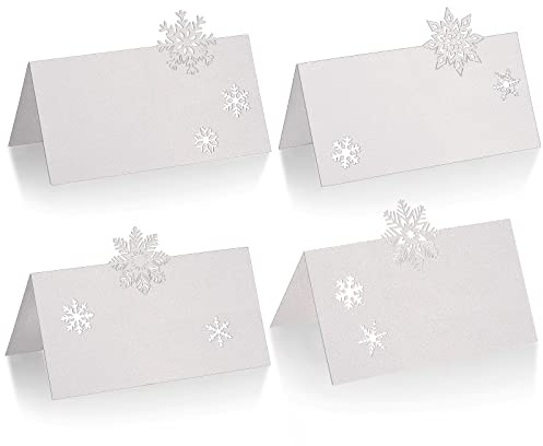 Outus 48 Pieces Christmas Snowflakes Place Cards 4 Design Table Name Cards Printable Holiday Place Cards Snowflake Party Supplies for Dessert Table Candy Buffet Stations (24 Sheets)