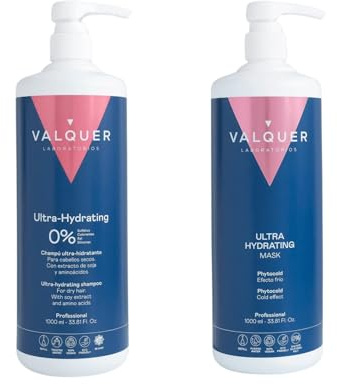 VALQUER Coffret Hydratation Intense Sans Sulfates | Shampooing 1 L et Masque 975 ml | Répare les Cheveux Secs et Abîmés | À l’Extrait de Soja | Vegan