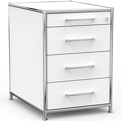 SYSTEM8X Bürocontainer 60cm mit 1 Materialschublade und 3 Schubladen aus Holz Chrom in Dekor Weiss auf Stellfüßen
