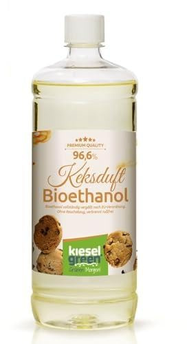 KieselGreen Bioethanol 1 Liter mit Duft für Ethanol-Kamin, viele Sorten - Bio Ethanol als Raumduft in vielen Duftnoten - Parfüm für Bio Ethanol Kamin Indoor oder Bioethanol Tischfeuer (Cookies)