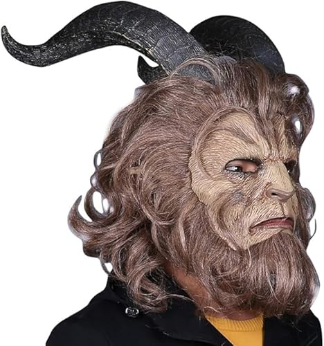 Ghzste Schöne und Das Biest Maske, Halloween Masken Horror Beast Neuheit Halloween Kostüm Party Tierkopf Maske mit Perücke Beast Hörnern für Erwachsene
