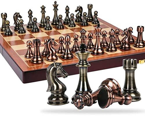 YMXWFC Schach Metall Bronze und Messing Schachfiguren Massivholz Klappschachset Hochwertiges professionelles Schachspiel Retro Professional
