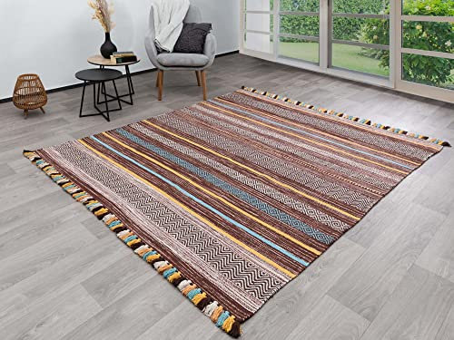 Steffensmeier Handwebteppich Turbat | Antistatisch | 100% Baumwolle | Braun, handgewebt, Größe: 80x150 cm
