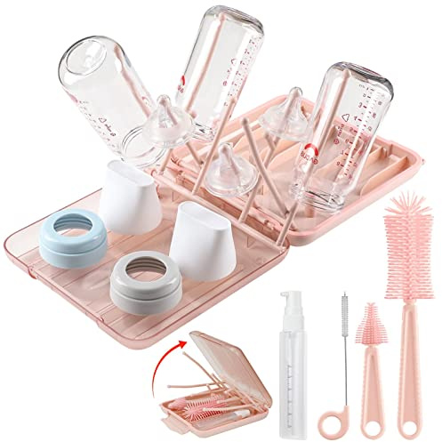 6 in 1 Baby Bottle Cleaner Kit with Drying Rack,Silicone Baby Bottle Brush,Straw Brush,Nipple Brush,Soap Dispenser and Storage Box, Portable Baby Essentials for Home&Travel(Pink)
