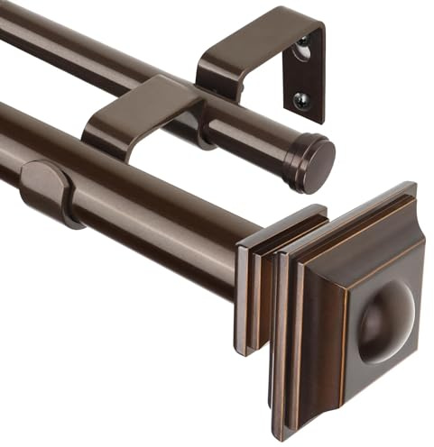 KAMANINA 1 Inch Double Curtain Rods 72 to 144 Inches (6-12 Feet) Telescoping Antique Bronze Curtain Rod for Windows 69 to 140 Inches, Heavy Duty Drapery Rods with Square Finials